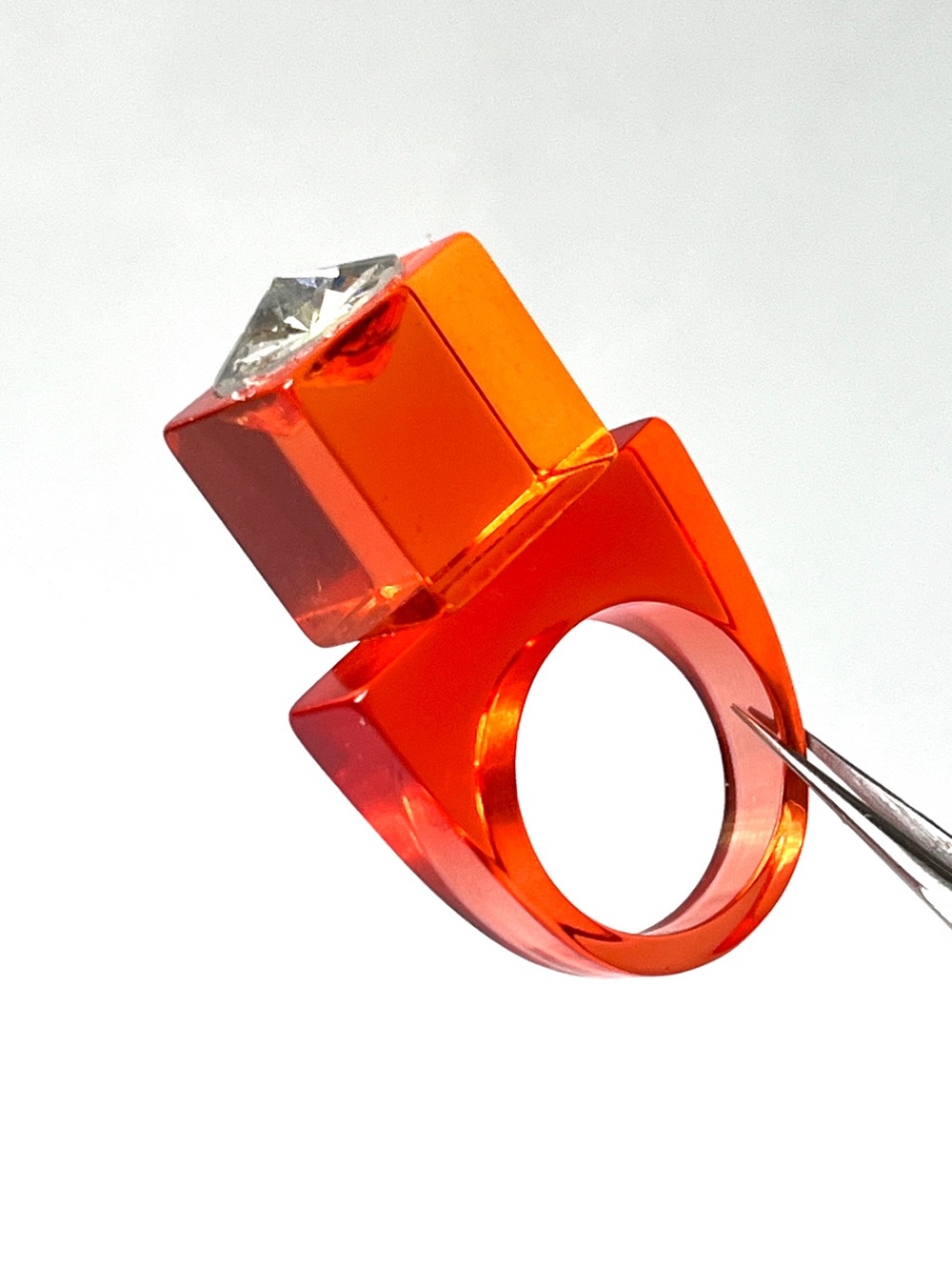 Vintage Lucite Ring Size 7.75-8 Persimmon Rhinestone Modern Chunky Cubism Unisex
